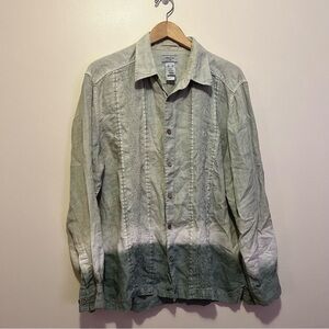 Claiborne Luxe Men's Green Gradient 100% Linen button up shirt casual unisex